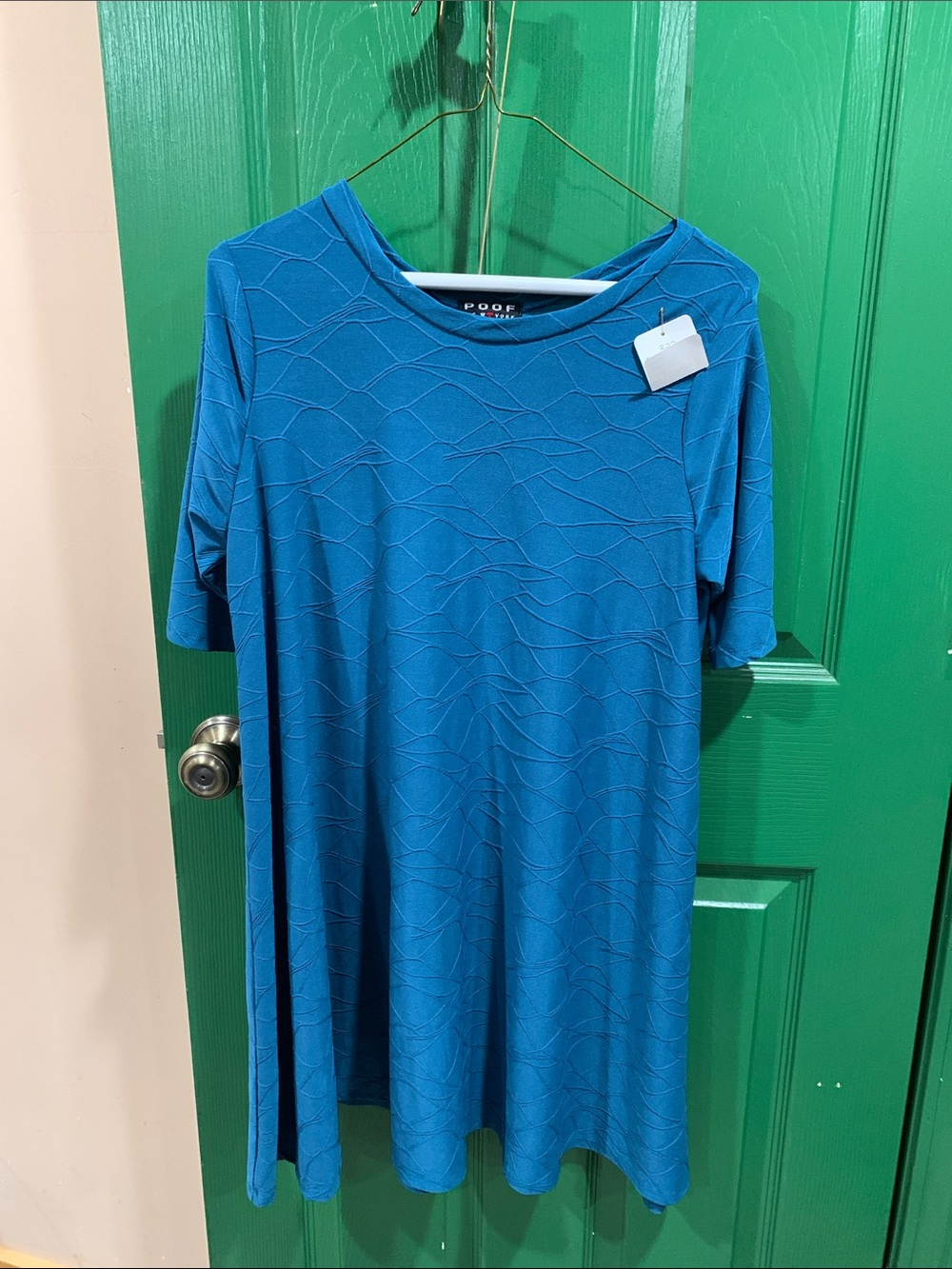 Poof! Teal-Blue Textured Short Sleeve Swing Tunic